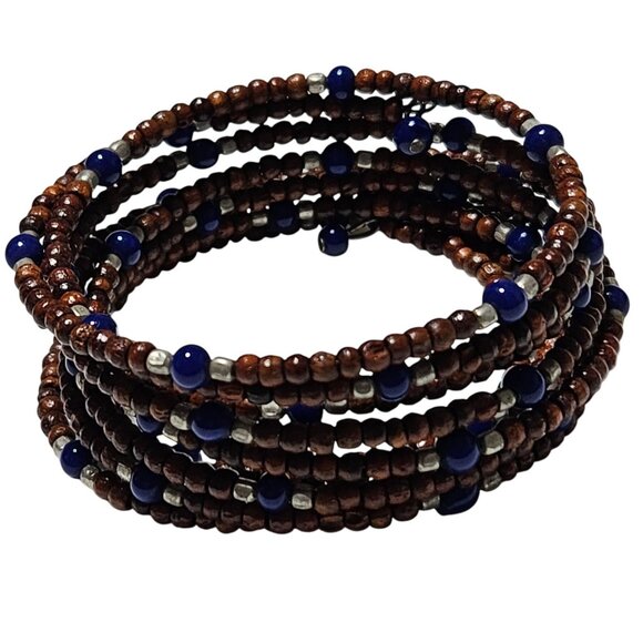 Handmade Boho Brown Blue Seed Beaded Multi Strand Coil Bracelet Retro Fashion - Picture 1 of 5
